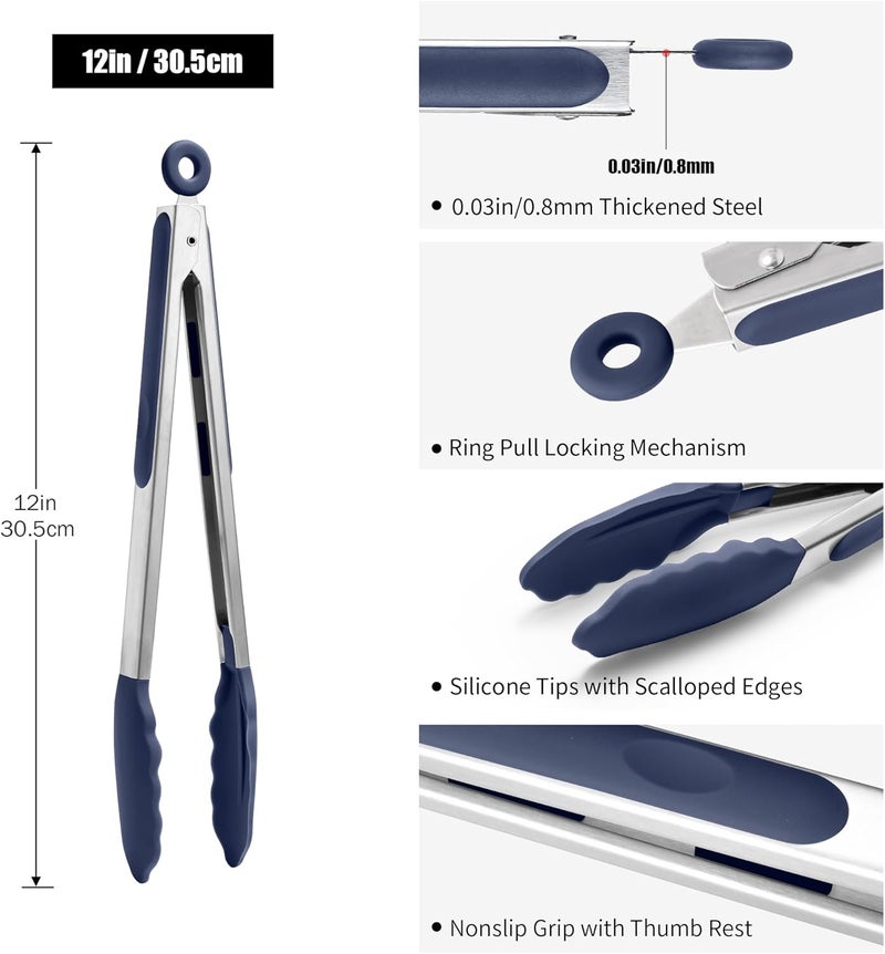 Doosu Kitchen Tongs for Cooking - 600°F Heat Resistant Food Tong with Non-Scratch Silicone Tips, Heavy Duty Stainless Steel Locking Tong for BBQ, Grilling Steak, Serving Salad Pasta (12in, Navy Blue) - Image 2
